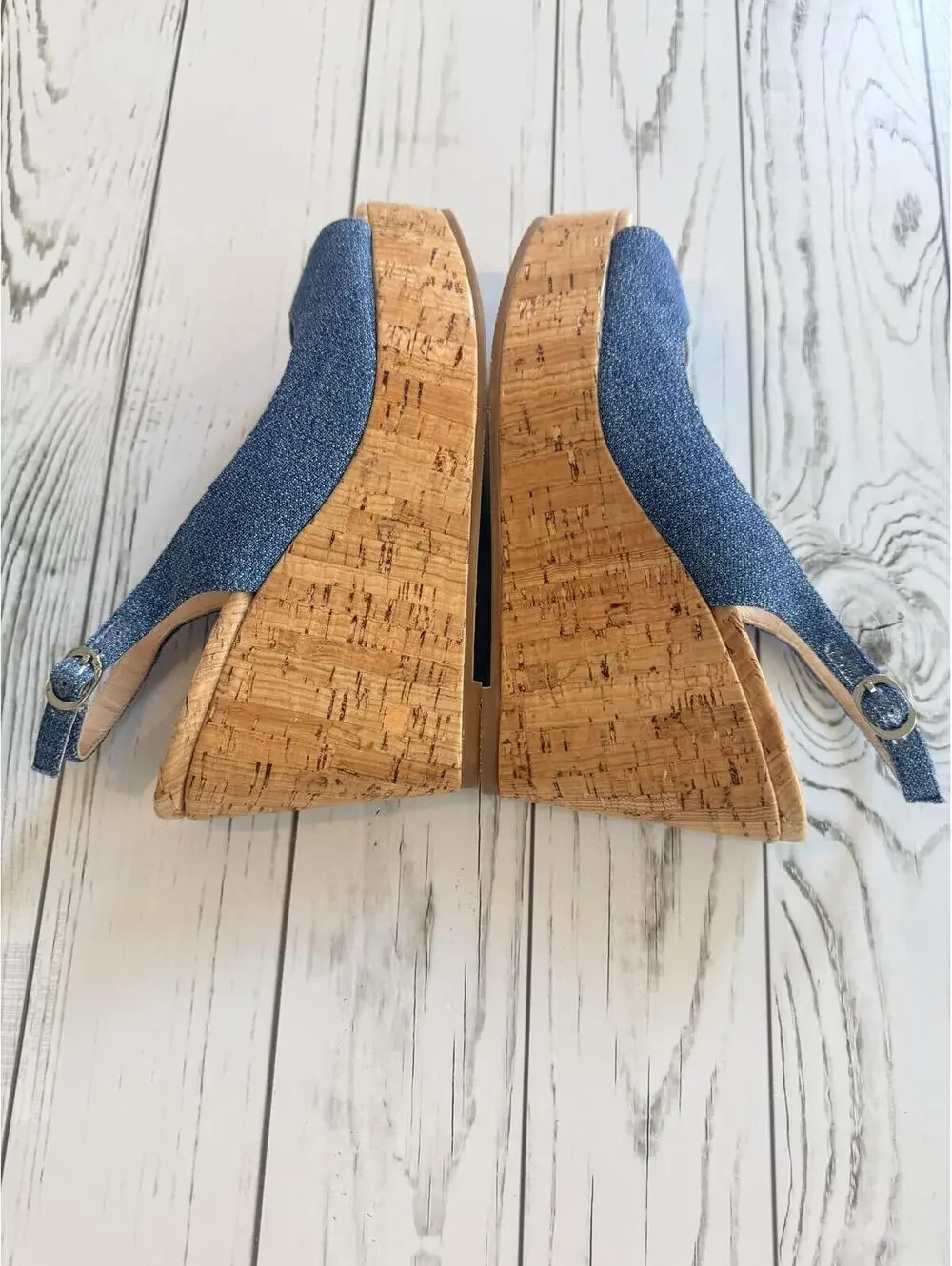 Stuart Weitzman Women's Size 6 Jean Denim Cork Wedge Peep Toe Slingback Sandals - Picture 6 of 15
